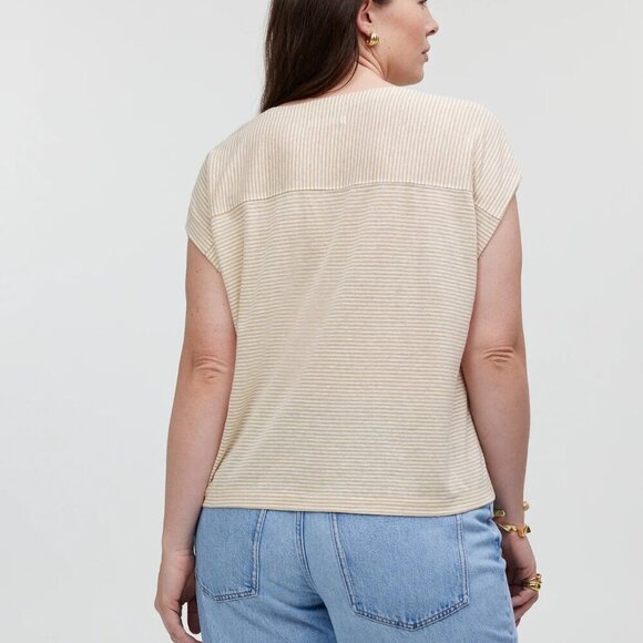Madewell Relaxed Linen Blend V-Neck Short Sleeve Tee Desert Dune Tan Size L NWT - Picture 3 of 8